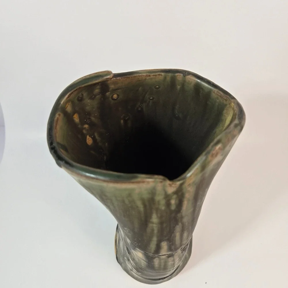 Studio Art Pottery Vase Green Charcoal Drip Glaze Organic Brutalist Stoneware 10